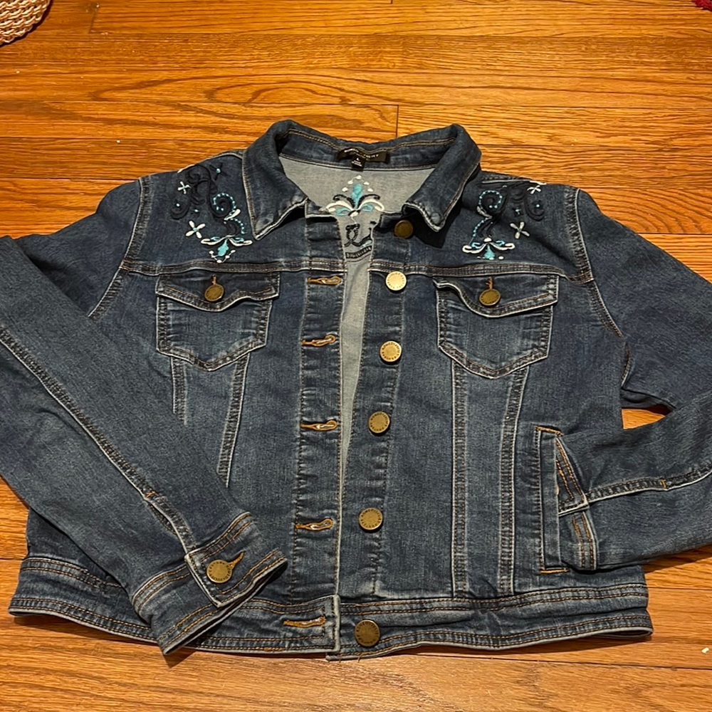 Denim jacket with embroidery design in front and back